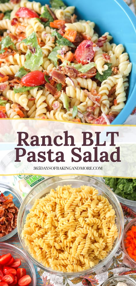 Ranch BLT Pasta Salad is made with Ranch Dressing, rotini pasta, crumbled bacon, cherry tomatoes, red onion, orange pepper, and romaine lettuce. This ranch salad might just make a regular appearance on your menu, especially when warmer temperatures roll around. This super easy Ranch BLT Pasta Salad is a summer great side dish or main dish recipe. Pasta Side Dishes Easy, Blt Pasta Salad Recipe, Rotini Pasta Salad, Pasta Bacon, Blt Pasta Salad, Orange Pepper, Blt Pasta, Blt Pasta Salads, Blt Salad