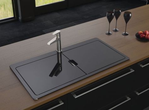 You may remember my last blog was all about concealed kitchens… well the trend has now found its way into sinks too, with designs that are hidden beneath a glass cover for a sleek, streamlined look. Astracast’s Vantage Sio sink in black glass and brushed steel is a perfect example and the glass covers can also double as a chopping board or drainer, so you can increase workspace in the kitchen at the same time. Rustic Wood Countertops, Luxury Kitchen Sink, Small Sinks, Sink Trends, Kitchen Sink Cover, Stainless Steel Double Bowl Kitchen Sink, Kitchen Sink Lighting, Kitchen Sink Ideas, Black Stainless Steel Kitchen