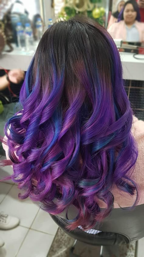 Thanks to Angel Baldomero of Ab & GG salon for creating this look. Balayage / Ombre Used Sparks Purple Passion and Electric Blue Highlights. Purple hair dont care. Unicorn Hair. Galaxy Hair. Mermaid Hair Galaxy Highlights Brown Hair, Unicorn Ombre Hair, Unicorn Highlights Hair, Mermaid Balayage Hair, Purple And Blue Hair Ombre, Pink Purple Blue Ombre Hair, Vivid Hair Color With Dark Roots, Ombre Hair Color Blue Purple, Mermaid Hair Highlights