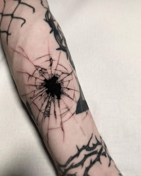 Tattoo artist Daniele IllCane Saponaro | Italy | iNKPPL Around The Elbow Tattoo, Elbow Tattoo Men, Elbow Tattoo Ideas, Hole Tattoo, Black Tattoo Cover Up, Elbow Tattoos, Roma Italy, Cover Up Tattoo, Broken Glass