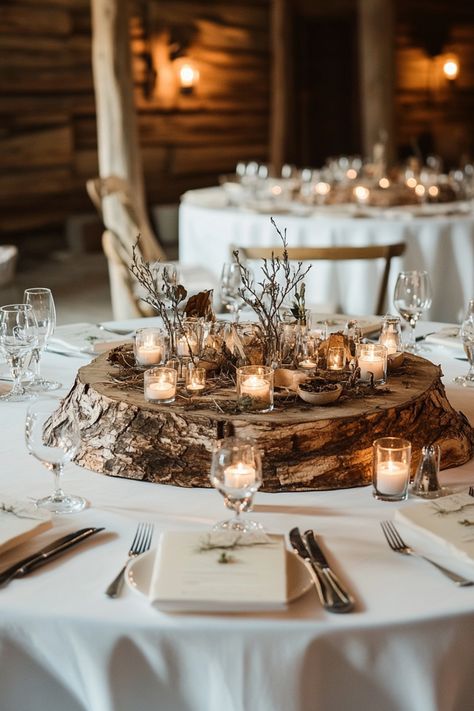 Planning a forest-inspired wedding? These 50+ centerpiece ideas bring the outdoors in with style. From fairy-tale lanterns to whimsical moss runners, these unique designs are the perfect finishing touch. Explore them all for endless inspiration. #woodlanddecor #naturelovers #weddinginspo Rustic Whimsical Wedding Theme, Earthy Wedding Centerpieces, Wooden Slab Centerpiece, Forest Wedding Centerpieces, Outdoor Theme Wedding, Wedding In Woods, Whimsical Forest Wedding, Fall Forest Wedding, Winter Forest Wedding