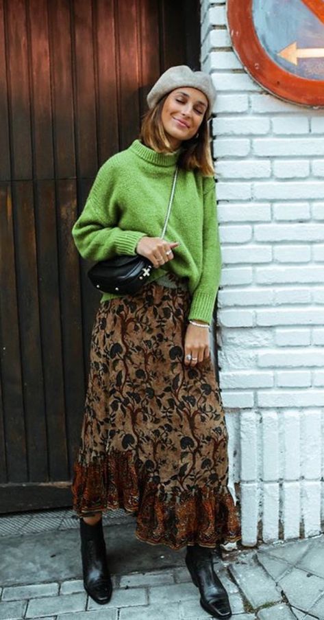 Modest Layered Outfits, Styling Maxi Skirt Fall, Gathered Maxi Skirt, Fairy Cottage Aesthetic Outfits, Tiered Skirt Outfit Winter, Maxi Dress And Sweater Outfit, Paisley Skirt Outfit, Artsy Fashion Aesthetic, Maxi Skirt Winter Outfit