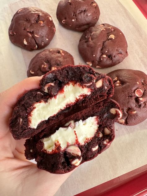 Mega Red Velvet Cookies with Cream Cheese Filling Cream Cheese Filled Red Velvet Cookies, Red Velvet Cookies With Cream Cheese Filling, Red Velvet Cookies With Cream Cheese, Red Velvet Cream Cheese Cookies, Mega Cookies, Cookies With Cream Cheese Filling, Red Velvet Cheesecake Cookies, Red Velvet Flavor, Cookies With Cream Cheese