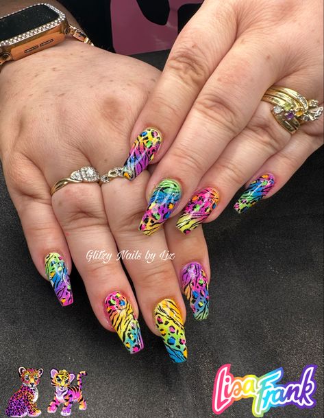 Lisa Frank Nails Art, Lisa Frank Nails Short, Rainbow Leopard Print Nails, Rainbow Animal Print Nails, Scene Nails Acrylic, 90s Birthday Nails, Rainbow Leopard Nails, Rainbow Cheetah Nails, Lisa Frank Nail Designs