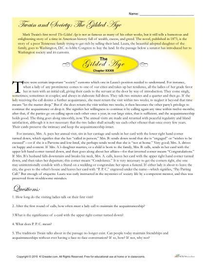 Students will use context clues to answer questions provided. A great way to practice reading comprehension skills and is ideal for grades 6 - 8. Context Clues Worksheets, Reading Comprehension Skills, Context Clues, Gilded Age, Reading Comprehension Activities, Mark Twain, Worksheet Template, Comprehension Activities, Home Learning