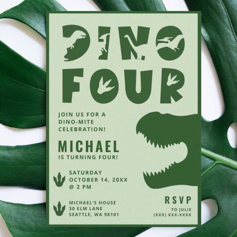 Dino Four Green Dinosaur 4th Birthday Party Invitation #Invitation #card #template #design #pinterestquotes #pinterestideas #pinterestmom #pinterestwedding #aesthetic #love #art #pinterestsuccess 4 Birthday Theme Boy, Four Year Old Birthday Theme Boy, Boys 4th Birthday Themes, Roar Im 4 Birthday, Four Birthday Party Ideas Boy, Dinosaur 4th Birthday Party, Dinosaur 4th Birthday, 4th Birthday Party For Boys, Orange Dinosaur