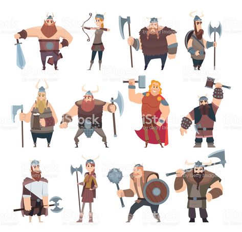 Viking cartoon. Scandinavian mythologyy characters norway costume vikings warrior male and female vector illustrations - Royalty-free Backgrounds stock vector Medieval Theme Party, Viking Cartoon, Norway Costume, Viking Illustration, Vikings Warrior, Viking Battle, Viking Character, Hazy Ipa, Warrior Drawing