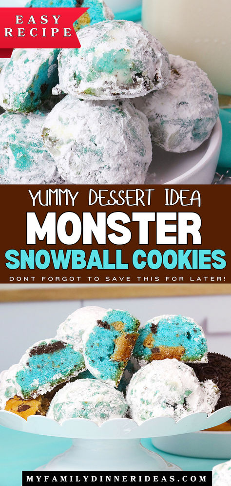 Monster Snowball Cookies Cookie Monster Brownies, Chocolate Chip Snowball Cookies Recipe, Christmas Monster Cookies, Snowballs Recipe, Halloween Challenge, Snowball Cookie Recipe, Grinch Cookies, Vegetarian Cookies, Savory Dinner