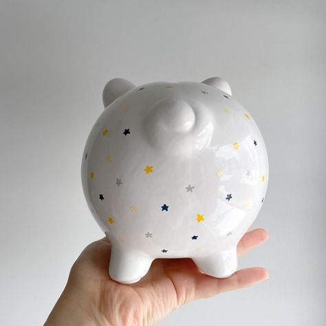 Cute Piggy Bank Designs, Cute Piggy Banks Aesthetic, Pottery Painting Piggy Bank, Ceramic Piggy Bank, Boys Night, Animal Piggy Banks Ceramics, Personalized Piggy Bank, Space Nursery, 1st Birthday Gifts