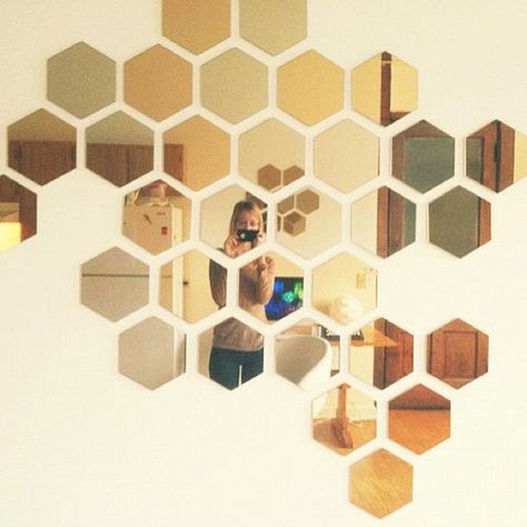 Hexagon Mirror Wall Decor, Honeycomb Mirror, Ikea Mirror Hack, Mirror Hack, Hexagon Mirror, Ikea Mirror, Mirror Tiles, Mirror Designs, Wall Deco