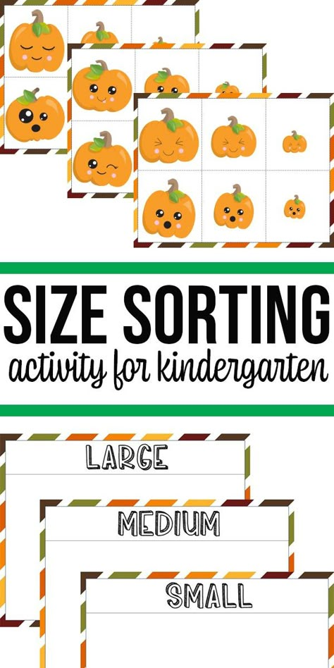 Fall Themed Sorting Activities for kindergarten and preschool.  Use this cute printable game at home or at school to work on early math skills by sorting pumpkin tokens by sizes large/big, medium, and small. #kidsmath #sorting #sortingbysize #kidsactivities #preschool #kindergarten  #freeprintable #learningactivities #fall #halloween #homeschool Kindergarten Fall Math Centers, Sorting Activities For Kindergarten, Pumpkin Activities Preschool, Pumpkin Math Activities, Sorting By Size, Preschool Pumpkin, Fall Math Centers, Pumpkins Preschool, Activity For Kindergarten