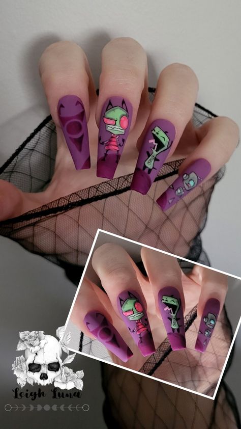 Invader Zim Nail Art, Gir Nails Invader Zim, Invader Zim Nails, Super Cute Nails, Goth Makeup, Invader Zim, Swag Nails, Nail Design, Nail Ideas