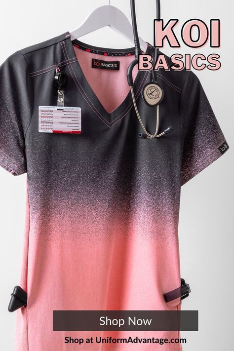 koi pink and grey ombre scrub top hanging in front of white background with a shop now button at bottom middle and the label "koi basics" at top right of graphic Koi Scrubs Uniform, Medical Scrubs Outfit, Koi Scrubs, Scrub Style, Scrubs Outfit, Uniform Advantage, Scrubs Uniform, Medical Scrubs, Hottest Fashion Trends