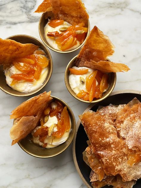 Yoghurt cream with sticky apricots and filo wafer | Ottolenghi Recipes Baking Night, Creamy Oats, Ottolenghi Recipes, Bakery Products, Desserts With Biscuits, Yotam Ottolenghi, Party Food And Drinks, Cookie Cups, Creamy Desserts