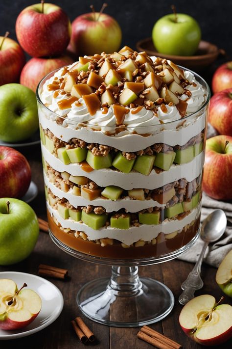 A photo of a  Caramel Apple Trifle which is a type of thanksgiving desserts Fall Trifle Recipes, Fall Trifle, Friendsgiving Desserts, Fall Treats To Make, Trifle Bowl Desserts, Fruit Trifle Recipes, Reeses Desserts, Friendsgiving Dessert, Caramel Apple Trifle