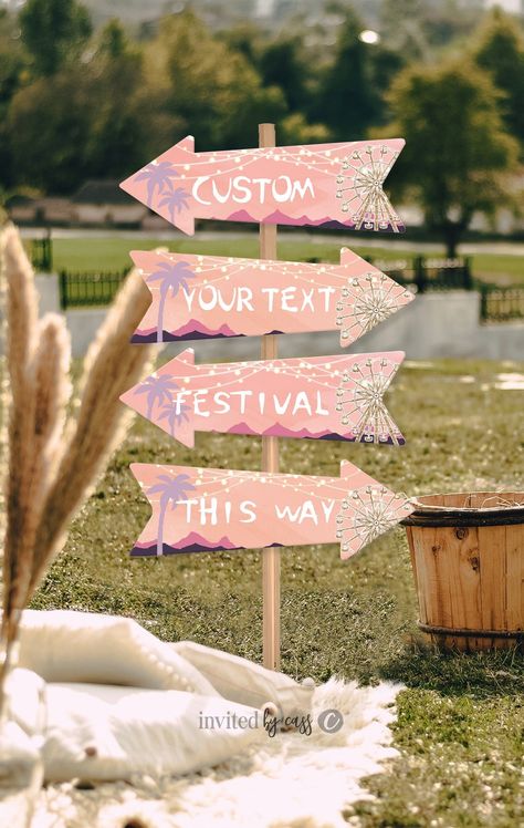 These darling music festival-themed Ferris wheel Arrows and Custom Signs are perfect for your celebration! (ANY age and wording) ♥♥Be sure to snag your INSTANT Discount codes first at www.CassiaVIPs.com (It truly comes instantly All of the text is editable and comes in an INSTANT DOWNLOAD! Our favorite! So no waiting! Just order, download, edit and print! You're ready to Party! PRINT HAPPINESS POPULAR MATCHING ITEMS * Matching decor  https://www.etsy.com/shop/InvitedByCass?ref=seller-platform-mc 30th Birthday Festival Theme, Festival Birthday Theme, 40th Festival Party, Music Festival Birthday Party Kids, Garden Festival Party Ideas, Festival Themed Party Birthday, Festival Party Ideas, Music Festival Themed Party, Music Festival Decorations