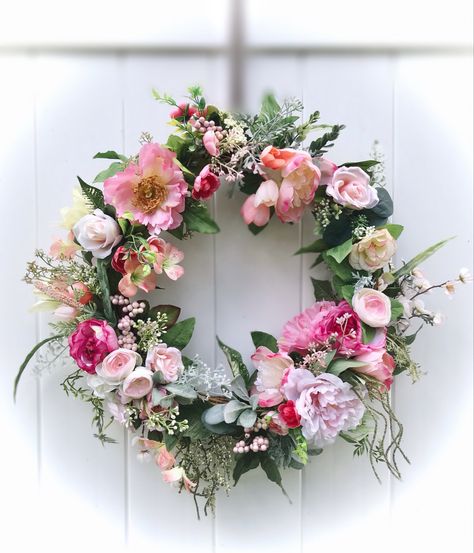 Pink Floral Wreath, Spring Door Decoration, Cottage Wreath, Peony Wreath, Pale Pink Roses, Summer Front Door Wreath, Pink Wreath, Country Wreaths, Pretty Wreath