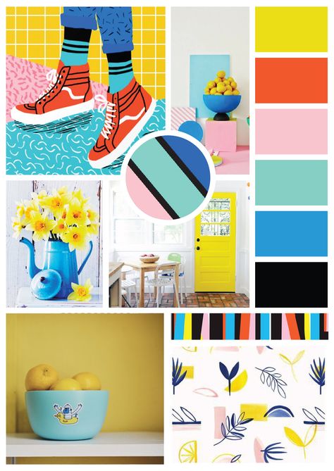 Beautiful bright moodboard with yellow, red, pink, blue, and green! Modern Memphis style. Memphis Colour Palette, Memphis Color Palette, Playful Colour Palette, Memphis Moodboard, Playful Moodboard, Blue Yellow Color Palette, Colorful Moodboard, Branding Mood Board Inspiration, Modern Memphis