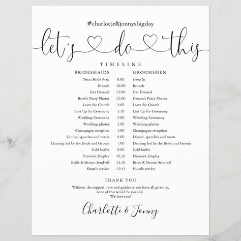 Black And White Script Wedding Schedule Timeline  Zazzle Wedding Week Timeline, Wedding Itenary Ideas, Wedding Day Timeline 1pm Ceremony, Wedding Day Schedule Timeline, Wedding Schedule Timeline, Cold Buffet, Grooms Party, Wedding Schedule, Wedding Itinerary