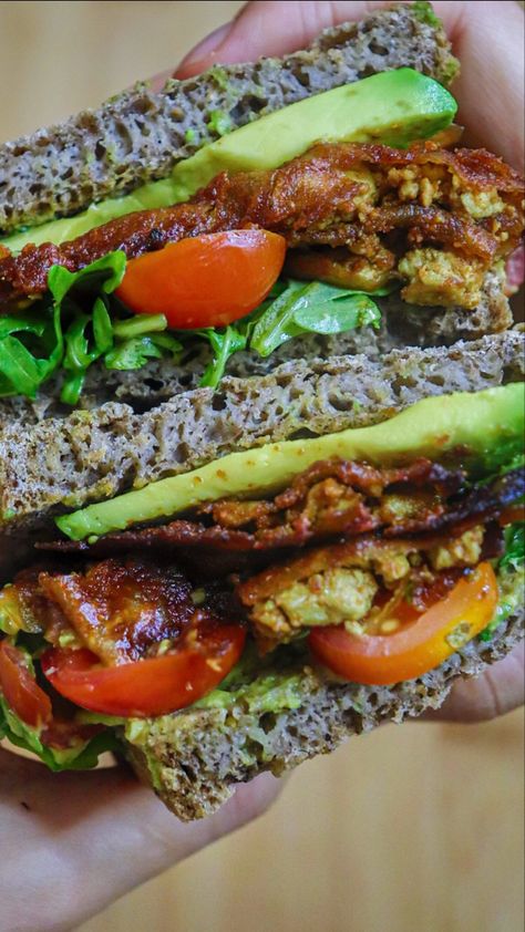 This photo is of a stacked sandwich with vegan bacon, arugula, cherry tomatoes, avocado mayo and fresh avocado slices on toasted gluten free bread Pumfu Recipes, Blt Recipe, Vegan Blt, Blt Recipes, Best Sandwiches, Whole Food Plant Based, Soy Free Recipes, Vegan Bacon, Vegan Lunches