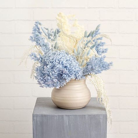 Koch & Co on Instagram: “Enjoy your favourite blooms all year round using this light blue preserved dried Hydrangea stem. The large head of the Hydrangea measures…” Leatherleaf Fern, Ming Fern, Hydrangea Vase, Large Flower Pots, Artificial Orchids, Flower Vase Arrangements, Artificial Hydrangeas, Vase Arrangements, Christmas Lanterns