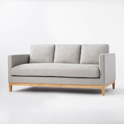 Wood Base Sofa, Wooden Frame Sofa, Mcgee Target, Trendy Sofas, Studio Mcgee Target, Condo Decor, Cozy Minimalist, Upholstered Couch, Sofa Ideas