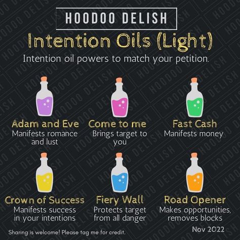 Ms Avi on Instagram: "~*~ INTENTION OIL MAGIC PT 3 ~*~ Which oil do you need? Here’s a great list to help you choose! Also, @inexplicable_things and @conjuredcardea both carry many of these oils if you’re looking for a source to buy them. (Sorry y’all, no, I don’t have recipes for most of these. Also Instagram, this is #notanad I’m just recommending the people who goods I actually use.) Enjoy! #magicoil #conjurewoman #conjureoils #hoodoooils #easyhoodoospells #quickmagic #petitionmagic #root Ms Avi, Hoodoo Delish, Conjure Woman, Magick Oil, Hoodoo Oils, Magic Oil, Hoodoo Magic, Hoodoo Spells, Magickal Herbs