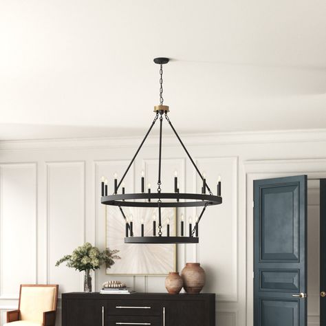 Greyleigh™ Finchley 20 - Light Dimmable Wagon Wheel Chandelier & Reviews | Wayfair Family Room Chandelier, Wagon Wheel Light, Light Living Room, Chandelier Black, Wheel Chandelier, Wagon Wheel Chandelier, Large Chandeliers, Candle Styling, Wagon Wheel