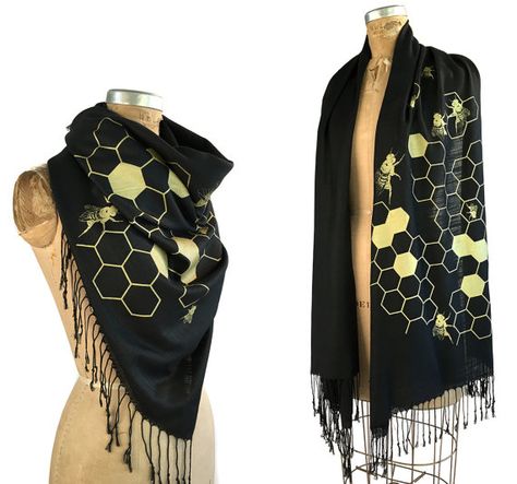 Honey Bee Printed Scarf. Bee Hive linen-weave by Cyberoptix Honeycomb Scarf, Bee Inspired, Bee Jewelry, Bee Gifts, Bee Print, Save The Bees, Pashmina Scarf, Cover Ups, Bee Keeping