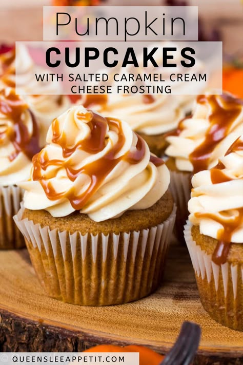 These Pumpkin Cupcakes are made with a moist pumpkin cupcake filled with salted caramel sauce and topped with a delicious Salted Caramel Cream Cheese Frosting. A perfect and fun dessert for the fall season! #cupcakes #fall #pumpkin #pumpkinspice #pumpkincupcakes #creamcheesefrosting Caramel Cream Cheese Frosting, Bourbon Caramel, Future Chef, Caramel Cream, Cream Cheese Frosting Recipe, Pumpkin Caramel, Pumpkin Cupcakes, Pumpkin Spice Cupcakes, Pumpkin Season