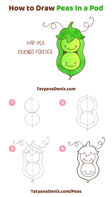 How to draw kawaii sweet peas in a pod in 4 simple steps. Easy step-by-step tutorial, materials list and colouring tips at TatyanaDeniz.com/Peas via @tatyanadeniz Trin For Trin Tegning, Draw Kawaii, Doodle Art For Beginners, Arte Doodle, Easy Drawing Tutorial, Peas In A Pod, Easy Doodle Art, Easy Doodles Drawings, Drawing Tutorial Easy