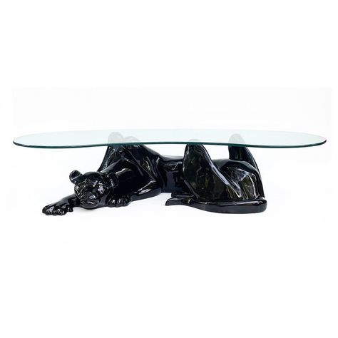 Newly restored 1970s black panther coffee table in high gloss black. The sculptural base is made of fiberglass and is in excellent condition. The table base is very light and measures 47" long x 26" wide x 14.25" tall. The thick, curved glass top (69" long x 28" wide) is in great condition with no chips and some light age appropriate scratches. Cool Furniture For Bedrooms, Black Panther Coffee Table, Black Furniture Apartment, Panther Coffee Table, Black Home Aesthetic, Panther Table, Animal Coffee Table, Puzzle Coffee Table, Black Modern Furniture