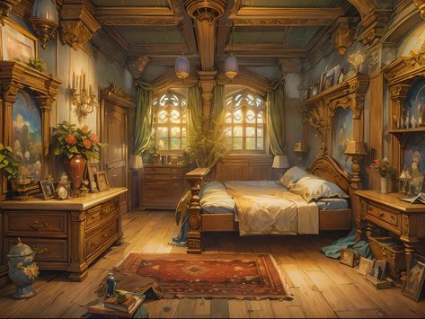 Basement Fantasy Art, Fantasy Inn Room, Royal Bedroom Concept Art, Druid Bedroom, Fantasy House Interior Art, Room Illust, Sandstone Castle, Fantasy House Interior, Room Concept Art