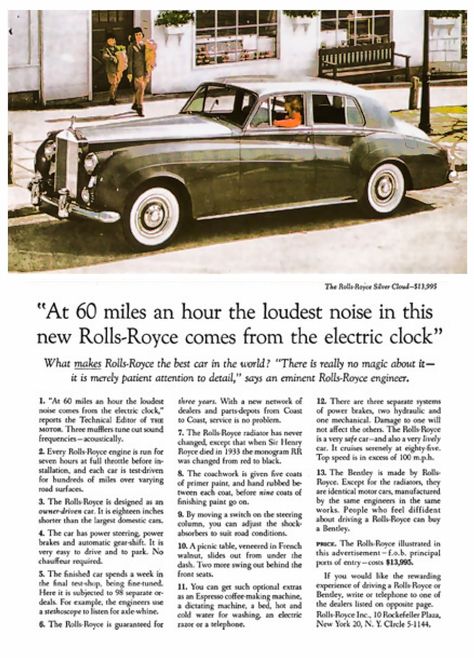 Good Advertising Example by David Ogilvy Coffee Making Machine, Copywriting Ads, New Rolls Royce, David Ogilvy, Copywriting Inspiration, Copy Ads, Royce Car, Rolls Royce Silver Cloud, Electric Clock