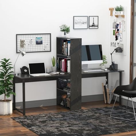 HOMCOM 88undefined Extra Long 2-Person Computer Desk w/ Bookshelf Combo Double Workstation Storage Unit Home Office - On Sale - Bed Bath & Beyond - 31690843 Computer Desk With Storage, Single Desk, Office Bookshelves, Study Writing, Desk With Storage, Desk Size, Contemporary Home Office, Bookshelf Desk, Office Workstations