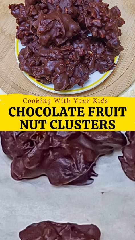 Chocolate fruit nut clusters Chocolate Covered Fruit Ideas, Fruit And Nut Clusters, Vegetarian Party Food Ideas, Fruit And Nut Chocolate, Chocolate Nut Clusters, Nut Cluster Recipe, Chocolate Nuts Clusters, Dried Fruit Recipe, Kids Snack Box