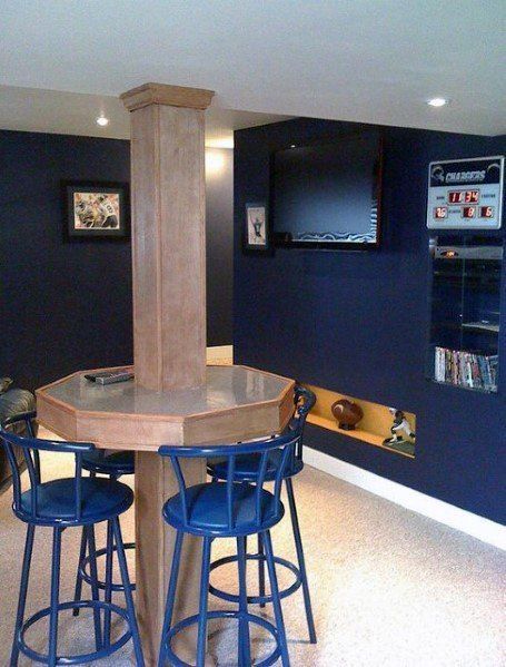 Table With Seating Basement Pole Ideas Basement Poles, Remodel Basement, Basement Remodel Diy, Man Cave Basement, Bar Basement, Diy Basement, Man Cave Home Bar, Basement Makeover, Small Basements