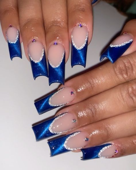 Bling Blue Acrylic Nails, Dallas Cowboy Nails Acrylics, Short Square Acrylic Nails Blue Glitter, Black And Blue Nails Acrylic Design, 90s Prom Nails, Phlebotomist Nails, Dark Blue And Silver Nails Acrylic, Blue N Black Nails, Blue Nail Designs Prom