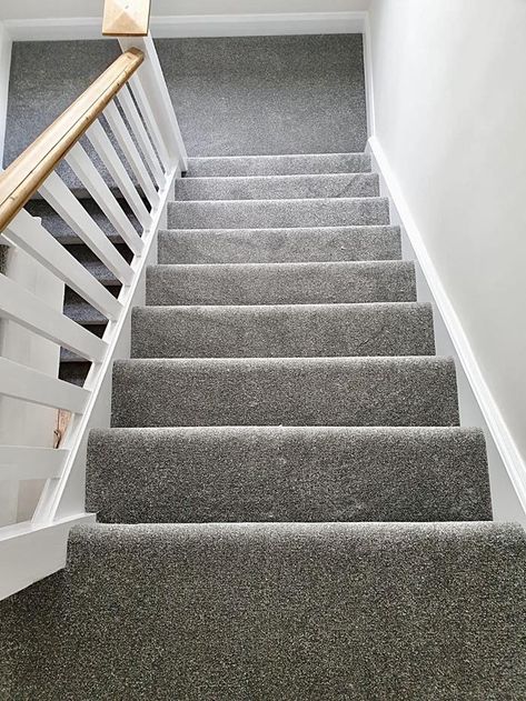 Landing Carpet Ideas, Carpets For Stairs And Landing, Grey Hallway Ideas Stairways, Grey Carpet Stairs, Grey Hallway Ideas, Landing Carpet, Stairs And Landing Ideas, Upstairs Carpet, Wooden Skirting Board