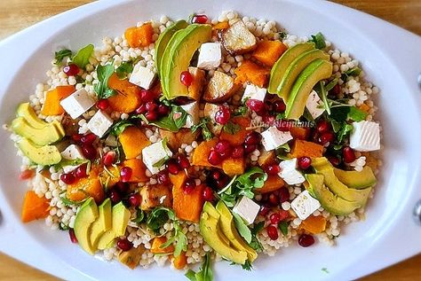 Sweet Potato And Avocado, Pearled Couscous, Pearl Couscous Salad, Pearl Couscous, Sweet Potato Salad, Oven Vegetables, Couscous Salad, Berry Juice, Salad With Sweet Potato