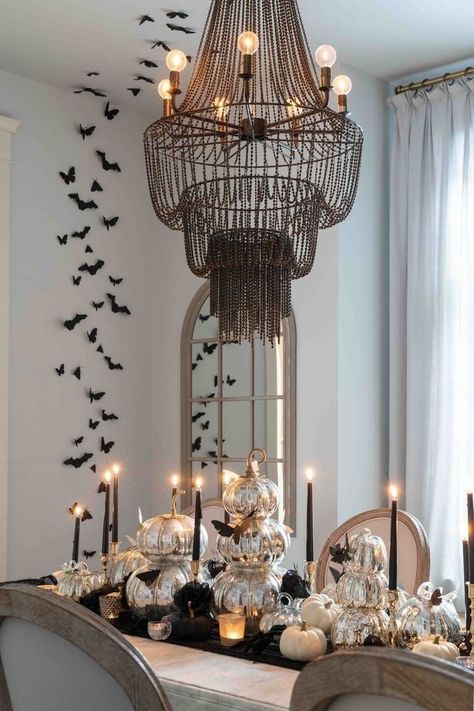 Black Butterfly Decor, Candlestick Halloween Decor, Halloween Dinning Room Table Decor, Contemporary Halloween Decor, Classy Spooky Halloween Decor, Glamour Halloween Decor, Black Butterfly Halloween Decor, Dining Room Table Halloween Decor, Classy Halloween Tablescape