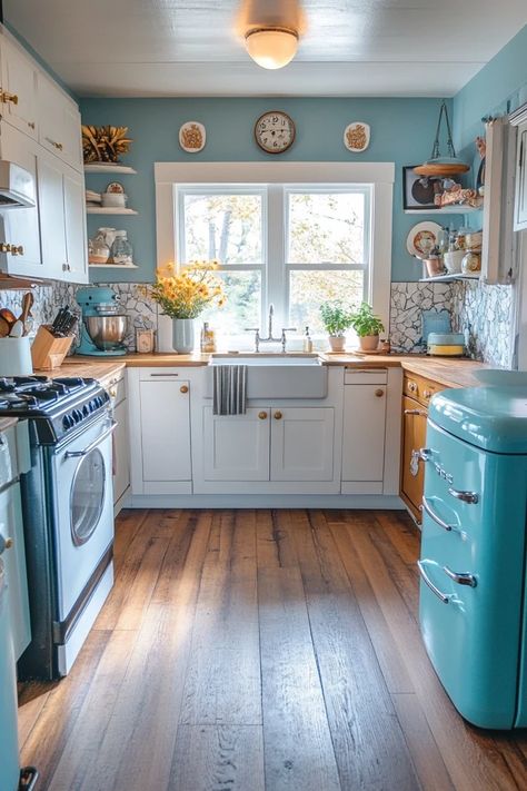 "Add a touch of nostalgia to your kitchen with Vintage-Inspired Decor! 🍳🕰️ A great way to create a space that feels both cozy and stylish. 🌿✨ #VintageHome #KitchenDesign #RetroInspo" 1940s Decor Interior Design, Retro Blue Kitchen, Cottage Interiors Living Rooms, Blue Vintage Kitchen, Dark Academia Mystery, Living Room Cottagecore, Blue Kitchen Appliances, Kitchen Blue And White, Cozy Cottage Interiors