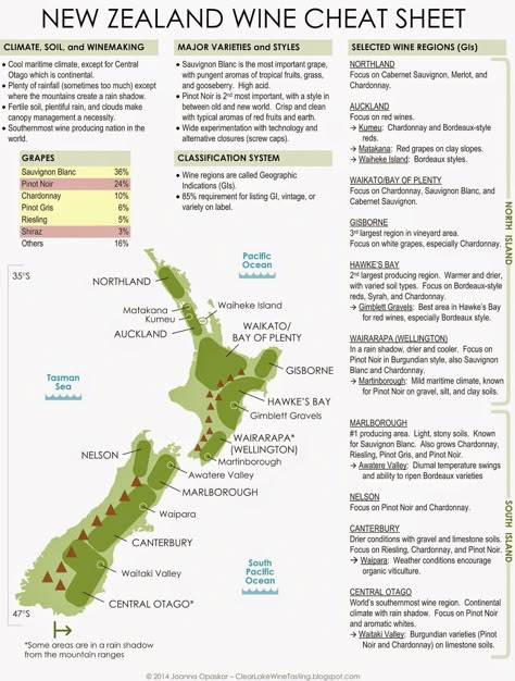 New Zealand wine regions cheat sheet: Map by Clear Lake Wine Tasting #wine101 #map #NewZealand Wine Cheat Sheet, Wine Infographic, Wine Region Map, Wine Basics, Wine Chart, Wine Facts, New Zealand Wine, Wine Map, Wine Knowledge