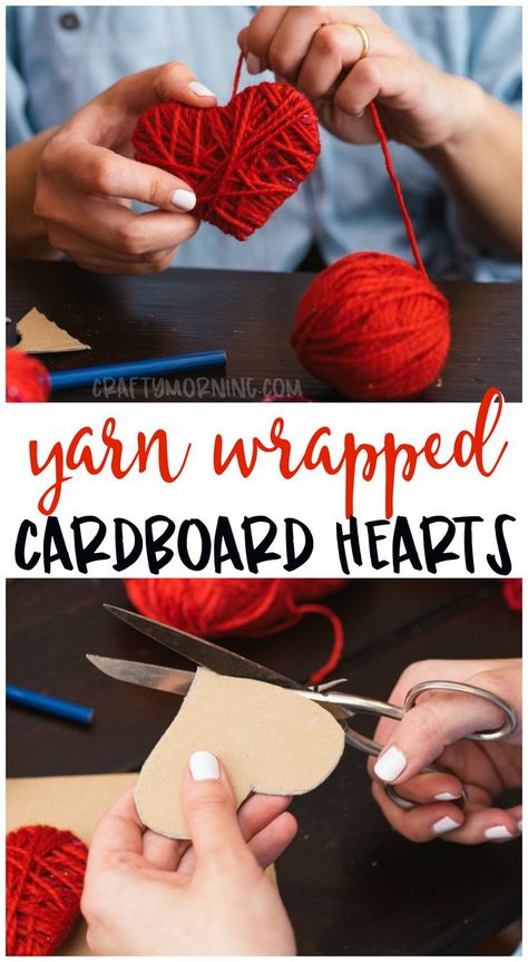 Make some cute yarn wrapped cardboard hearts for a Valentine’s Day craft idea! Kids valentine craft art project to make. Easy garland idea. #valentinesday #valentinesdaycrafts #heartcrafts #heartshapedcrafts #easycrafts #funcrafts #kidcracts #craftymorning Cardboard Hearts, Saint Valentin Diy, Valentines Bricolage, Diy Valentine's Day Decorations, Valentine's Day Crafts For Kids, Diy Valentines Decorations, Valentine Crafts For Kids, Card Board, Diy Valentines Crafts