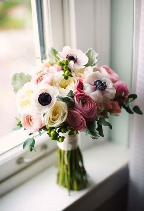 https://www.brides.com/story/anemones-wedding-flowers-bouquets Ranunculus Wedding Bouquet, Garden Rose Bouquet, Anemone Bouquet, Wedding Flower Guide, Fresh Wedding Flowers, Cheap Wedding Flowers, Summer Wedding Bouquets, White Anemone, Wedding Bouquets Pink