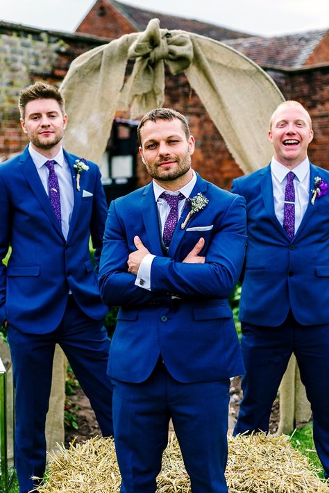 Idea for groomsmen Blue And Purple Groom Suit, Blue Suit Purple Tie Wedding, Navy Suit Purple Tie, Royal Blue Groomsmen Attire, Blue Suit Groomsmen, Groomsmen Purple, Wedding Blue Suit, Purple Groomsmen, Groomsman Attire