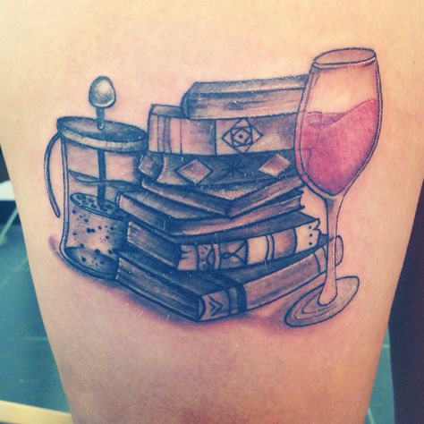 Wine coffee and books Wine Tattoo, Lamp Tattoo, Bookish Tattoos, Literary Tattoos, Coffee Tattoos, Coffee Wine, Book Tattoo, Coffee And Books, I Tattoo