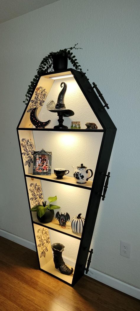 Whimsy Goth House Decor, Diy Coffin Shelf, Goth Furniture, Coffin Bookshelf, Coffin Decor, Cheap Halloween Diy, Coffin Shelf, Alice In Wonderland Room, Gothic Decor Bedroom