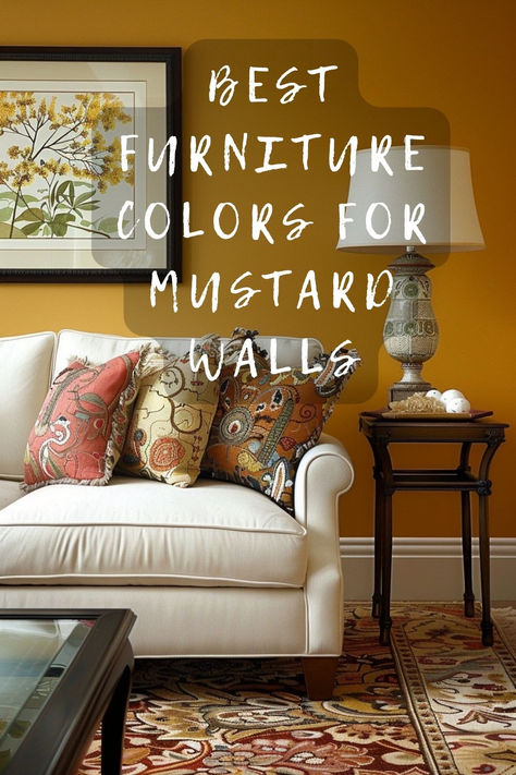 Do You Have Mustard Walls? Click To Explore The Top Furniture Colors That Complement This Bold Shade! 🛋️🎨 #HomeDecor #MustardWalls #FurnitureColors #InteriorDesign #ColorMatching Mustard And Orange Living Room, Mustard Wall Living Room, Mustard Living Room Walls, Mustard Yellow Walls Living Room, Colors That Go With Mustard Yellow, Mustard Walls Living Room, Wall Paint Color Schemes, Ochre Walls, Mustard Living Room