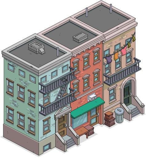 [𝑺𝒂𝒗𝒆 & 𝑭𝒐𝒍𝒍𝒐𝒘]~♡´･ᴗ･`♡ Cartoon Apartment Building, Apartment Building Reference, 3d Isometric Building, Apartment Drawing Exterior, English Row Houses, Pixel Building Architecture, Minecraft Fire Escape, Apartment Aesthetic Exterior, Isometric Building Illustration